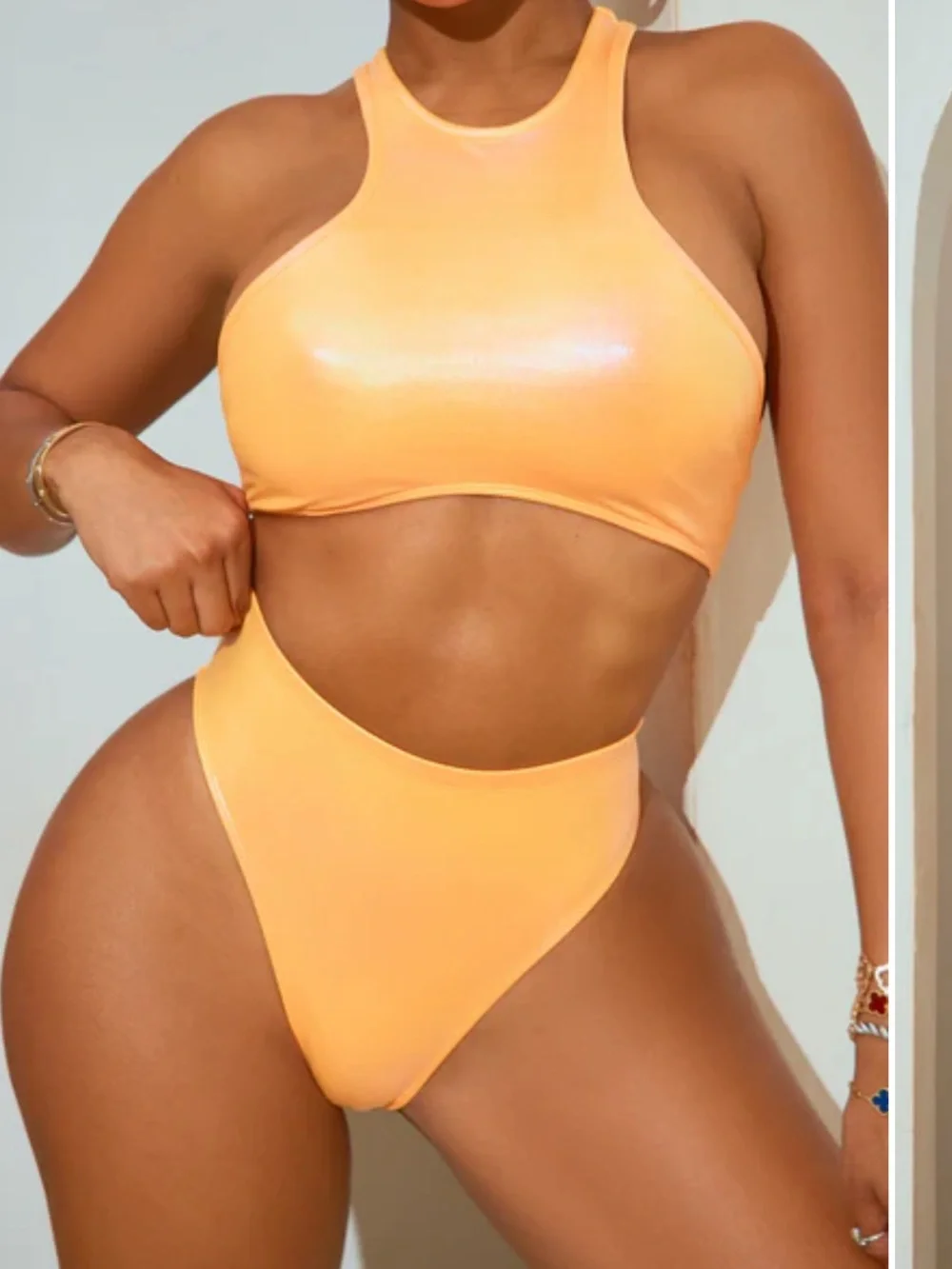 Fashion Nova High-Neck Shimmer Bikini Set - Peach - Picture 2 of 4